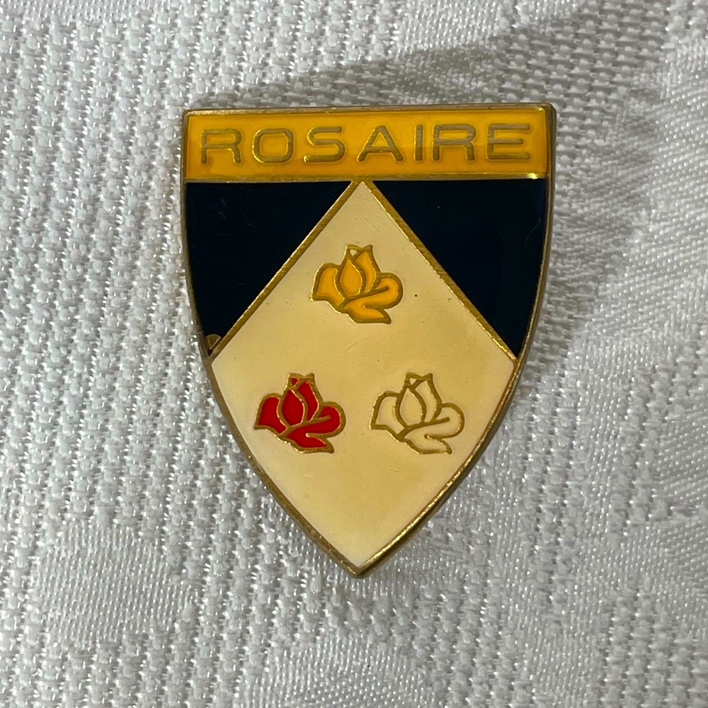 ROSAIRE French Brooch Religious Pilgrimage enameled shield pin signed